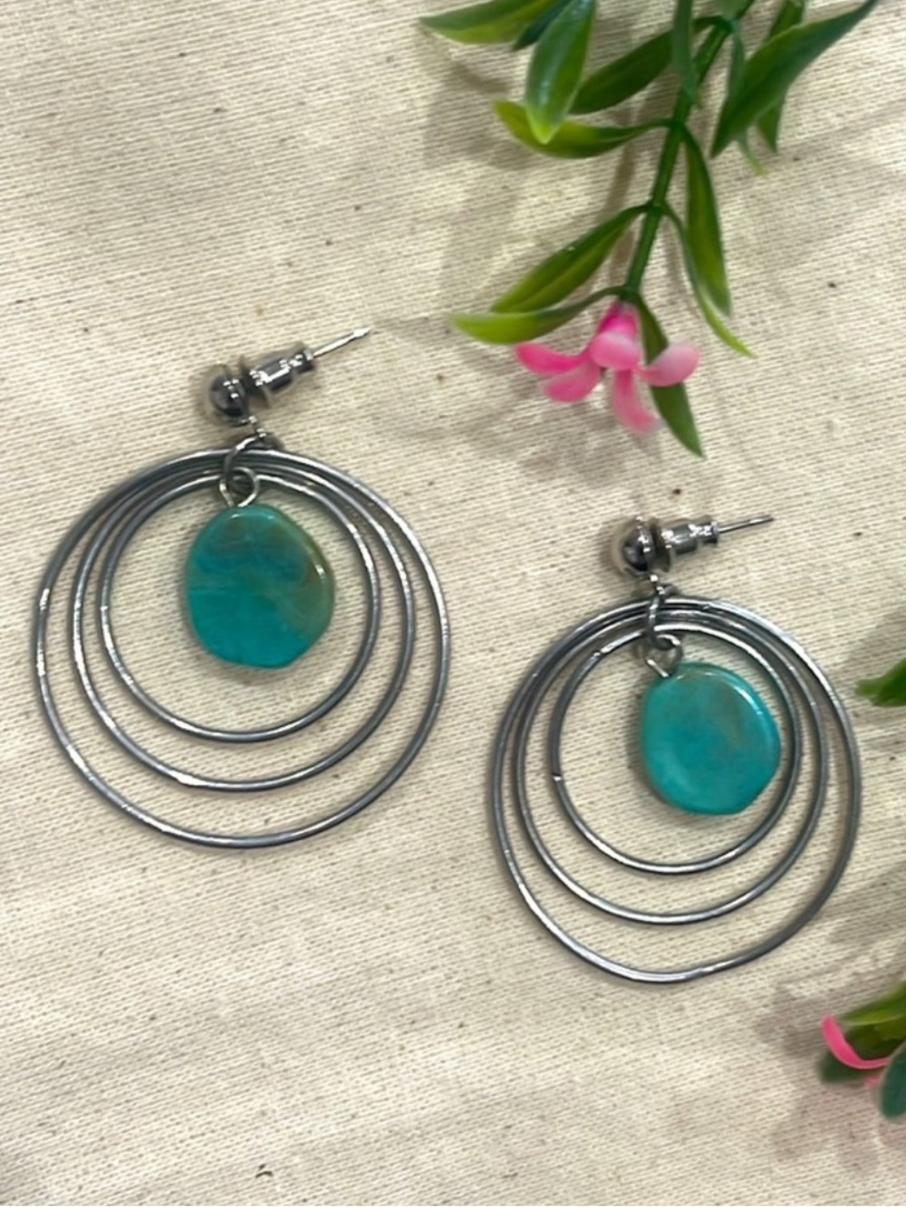 Southwestern Silver 3 Triple Hoop Turquoise Statement Earrings Boho Western 1.5”